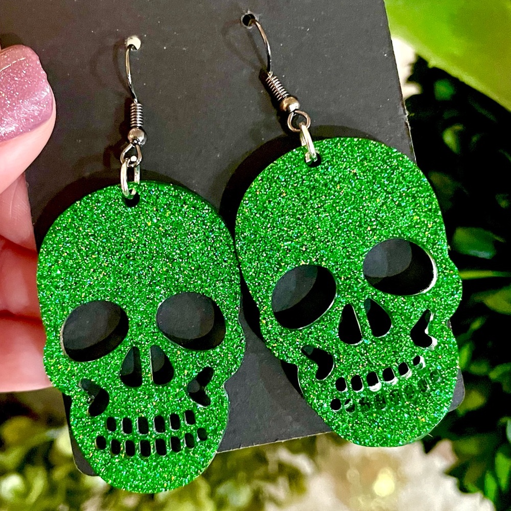 Green Acrylic Skull Earrings